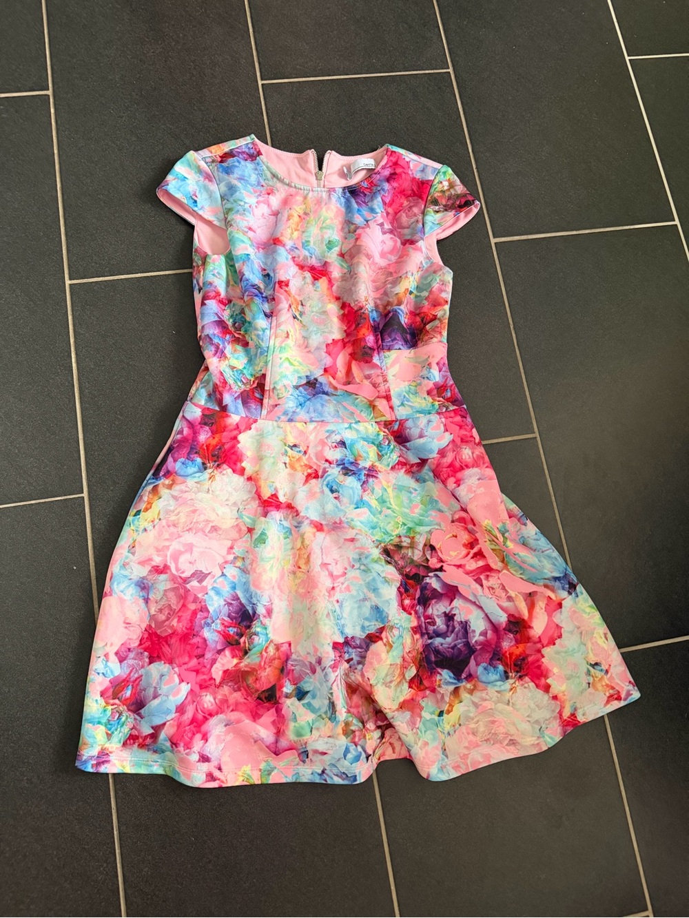 Chetta B Floral Fit & Flare Dress Size 2 Pink Blue Watercolor Cocktail Party